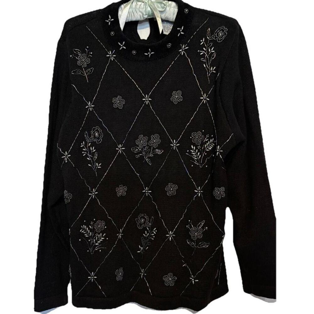Victoria Jones Vintage Beaded Sweater Black Size Petite Medium Silver Flowers